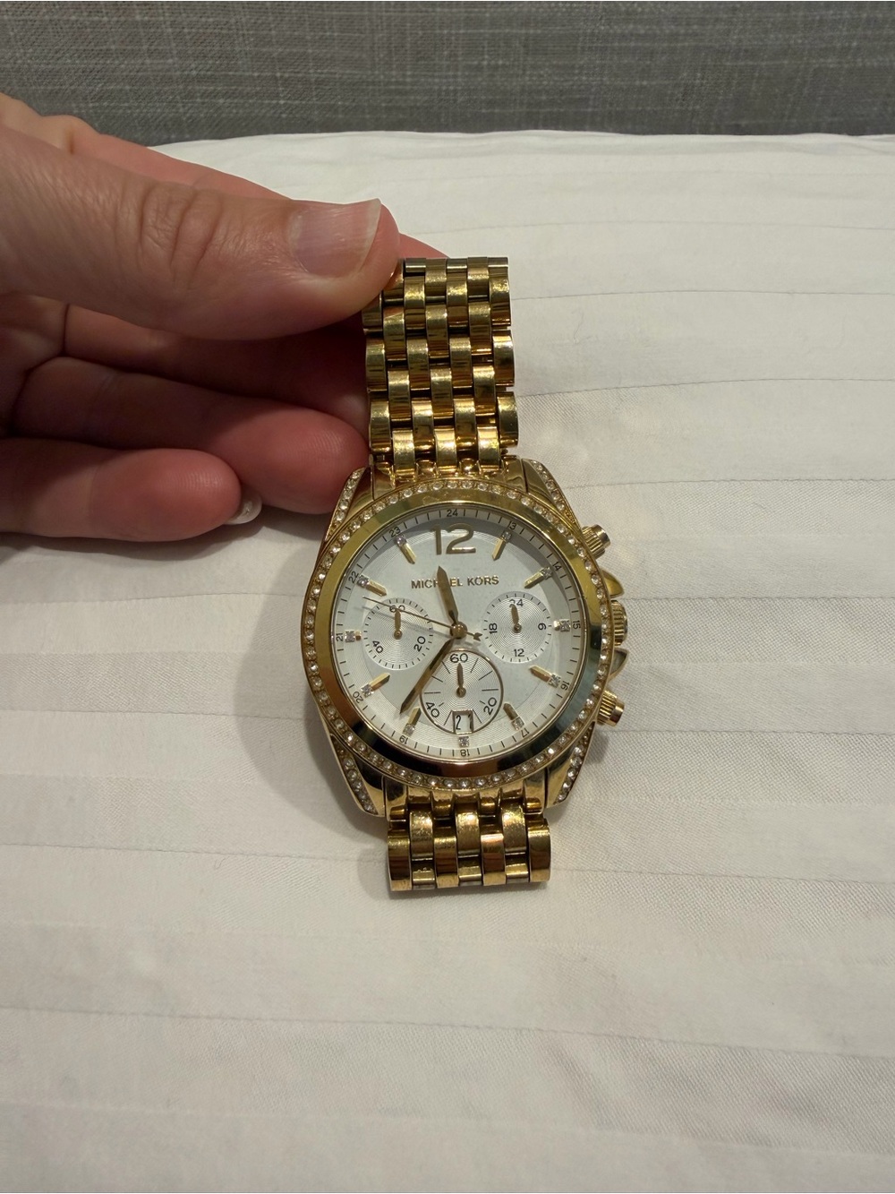 Michael Kors Gold and White Crystal-Trim Chronograph Watch